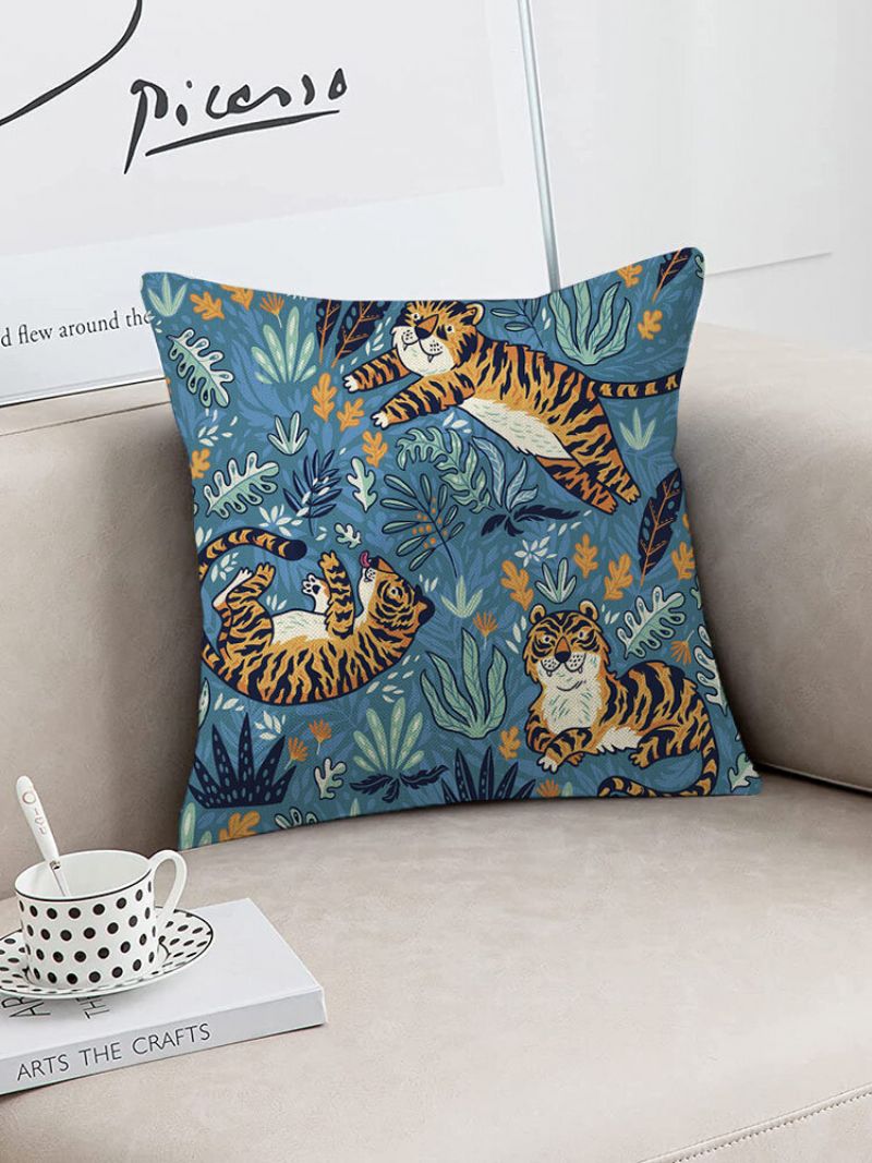 1 St Linen Three Tigers Sofa Sengen Bilstol Putetrekk Dekorativt