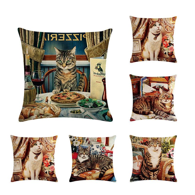 1 Stk Cute Cat Printed Cat Putetrekk Bomull Lin Putepute Hjemmesofa Dekorasjon Dekorativt