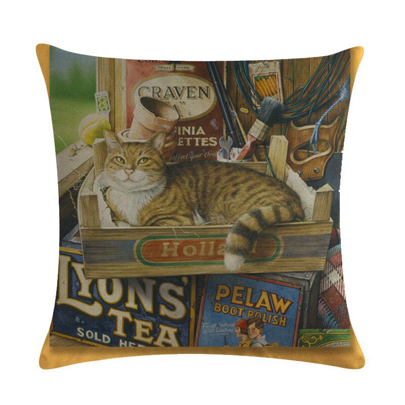 1 Stk Cute Cat Printed Cat Putetrekk Bomull Lin Putepute Hjemmesofa Dekorasjon Dekorativt