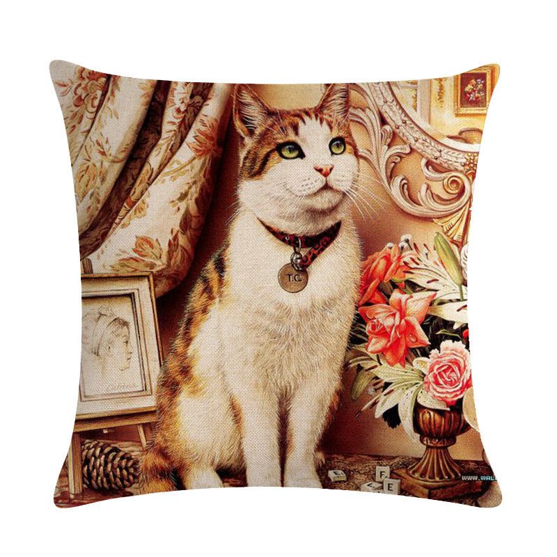 1 Stk Cute Cat Printed Cat Putetrekk Bomull Lin Putepute Hjemmesofa Dekorasjon Dekorativt