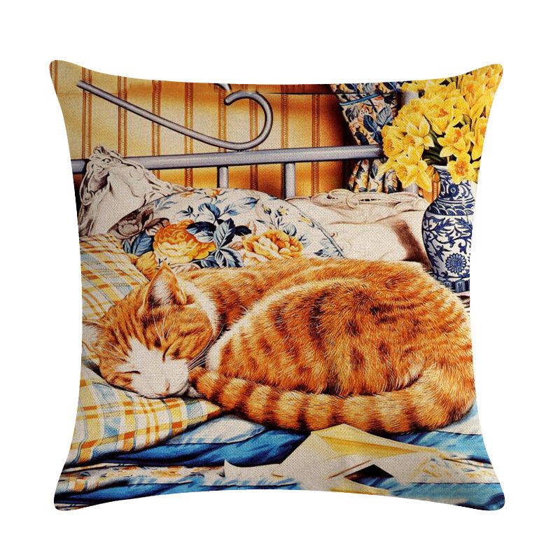 1 Stk Cute Cat Printed Cat Putetrekk Bomull Lin Putepute Hjemmesofa Dekorasjon Dekorativt