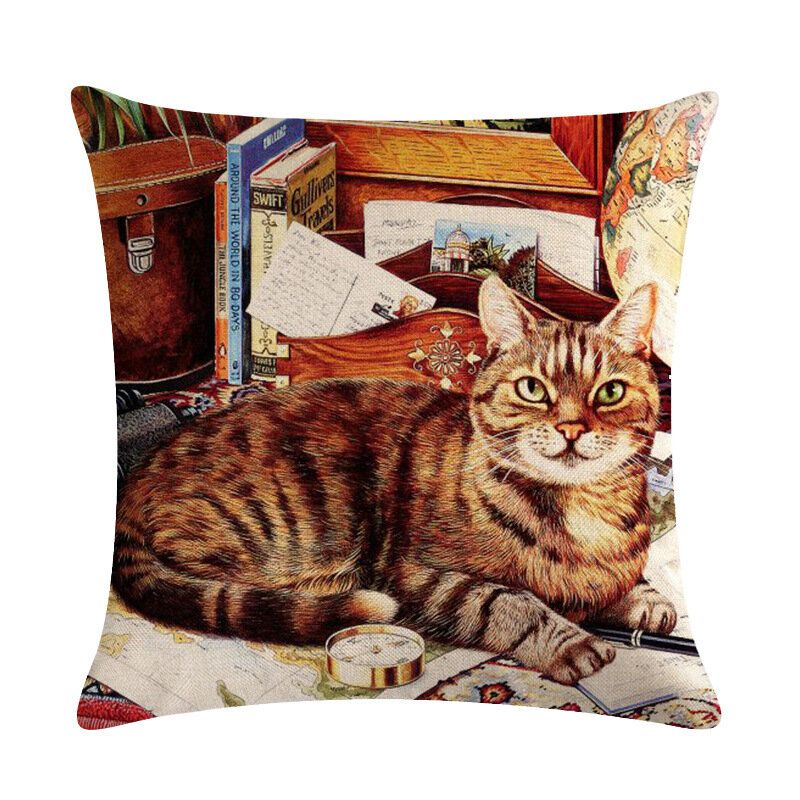 1 Stk Cute Cat Printed Cat Putetrekk Bomull Lin Putepute Hjemmesofa Dekorasjon Dekorativt