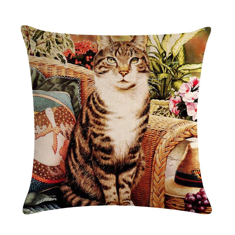 1 Stk Cute Cat Printed Cat Putetrekk Bomull Lin Putepute Hjemmesofa Dekorasjon Dekorativt