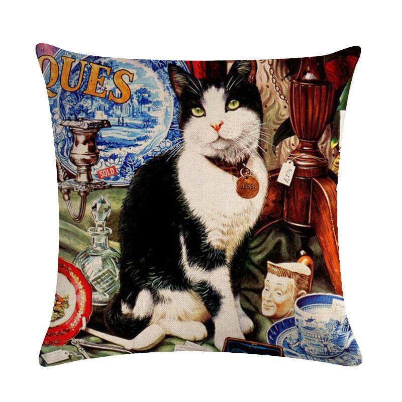 1 Stk Cute Cat Printed Cat Putetrekk Bomull Lin Putepute Hjemmesofa Dekorasjon Dekorativt