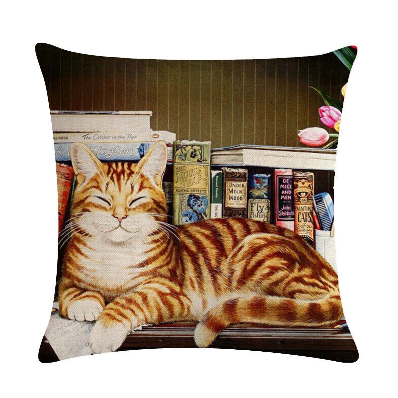 1 Stk Cute Cat Printed Cat Putetrekk Bomull Lin Putepute Hjemmesofa Dekorasjon Dekorativt