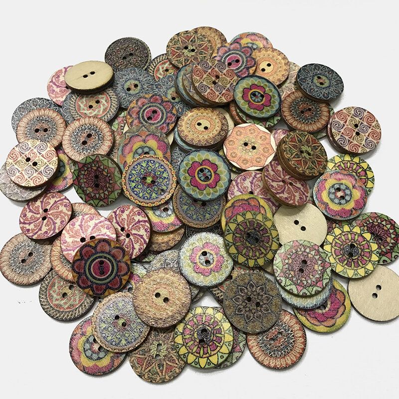 100 Stk Klassiske Retro Disc-trykte Knapper Blomster Treknapper Europeiske Diy-håndlagde