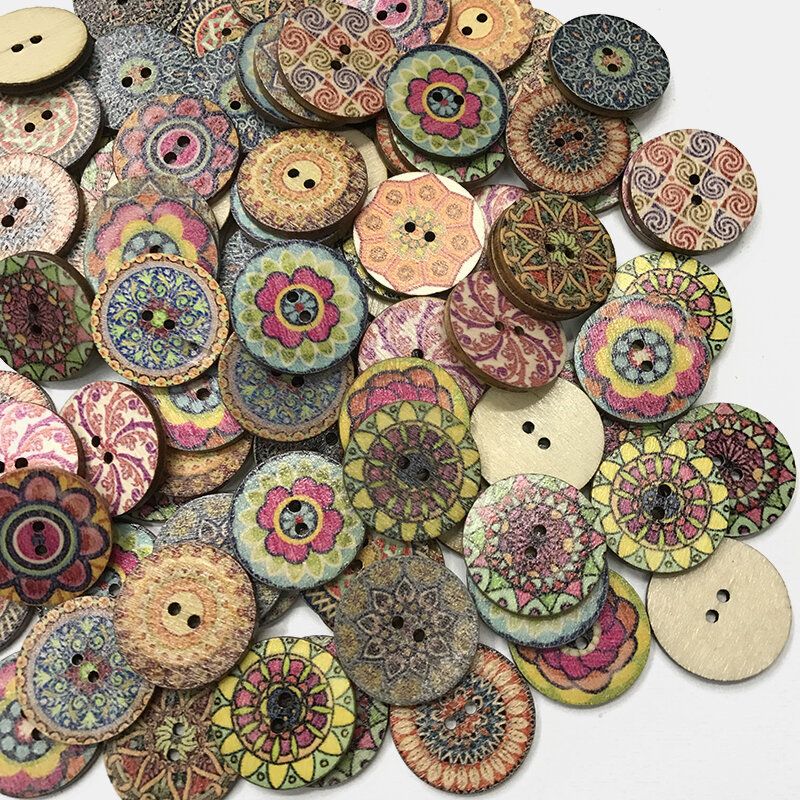 100 Stk Klassiske Retro Disc-trykte Knapper Blomster Treknapper Europeiske Diy-håndlagde