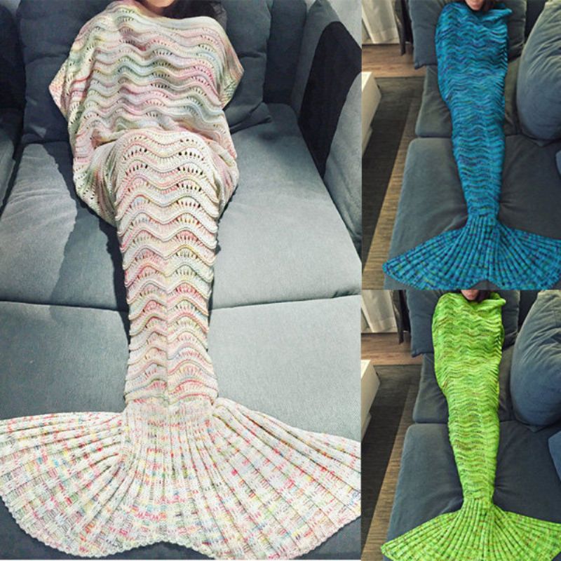 180*90cm Wave Garn Strikke Mermaid Tail Teppe Bursdagsgave Sengematte Sovepose