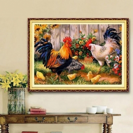 30x40 cm Animal Cock Family Diy Diamantmaling Rhinestone Korsstingsett