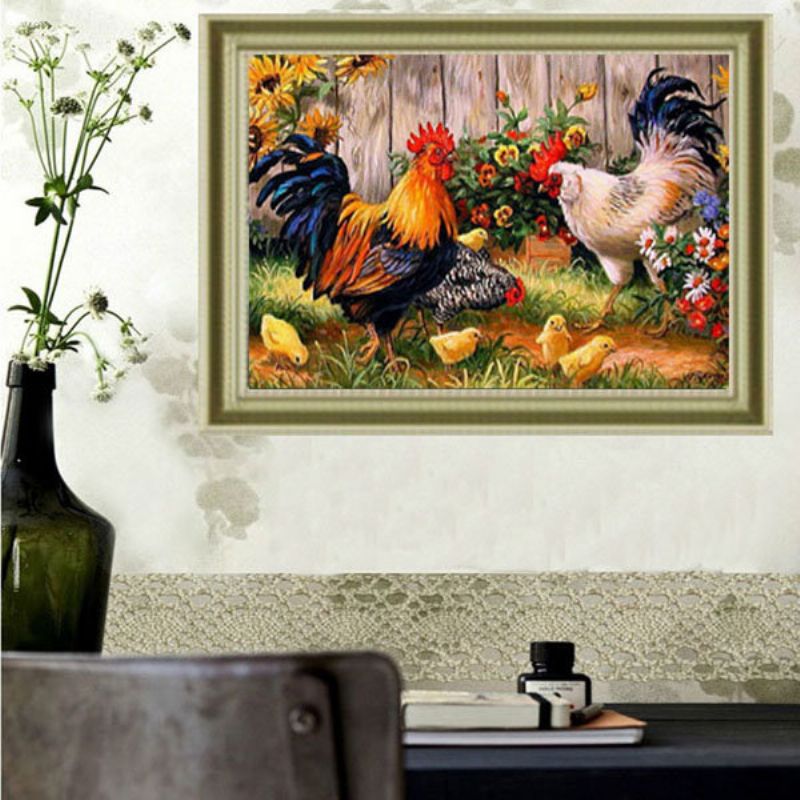 30x40 cm Animal Cock Family Diy Diamantmaling Rhinestone Korsstingsett