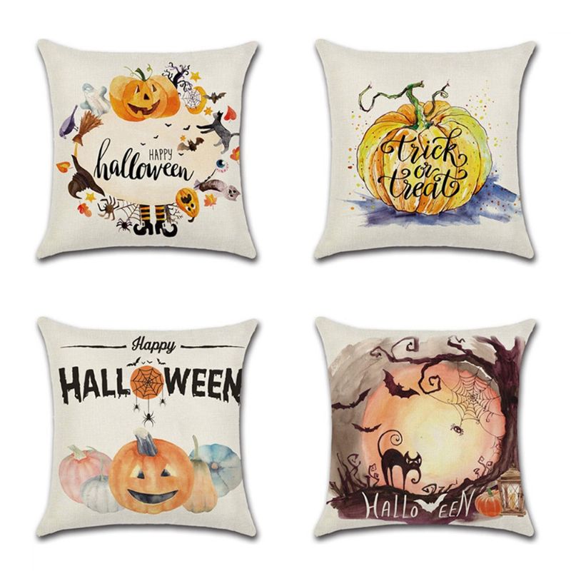 4 Stk Happy Halloween Putetrekk Høst Gresskar For Sofa 18 X 18 Tommer Bomull Lin