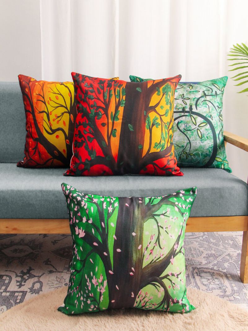 4 Stk Landskap Oljemaleri Fargerike Treblomster Trykk Putetrekk Lin Sofa Hjem Bil