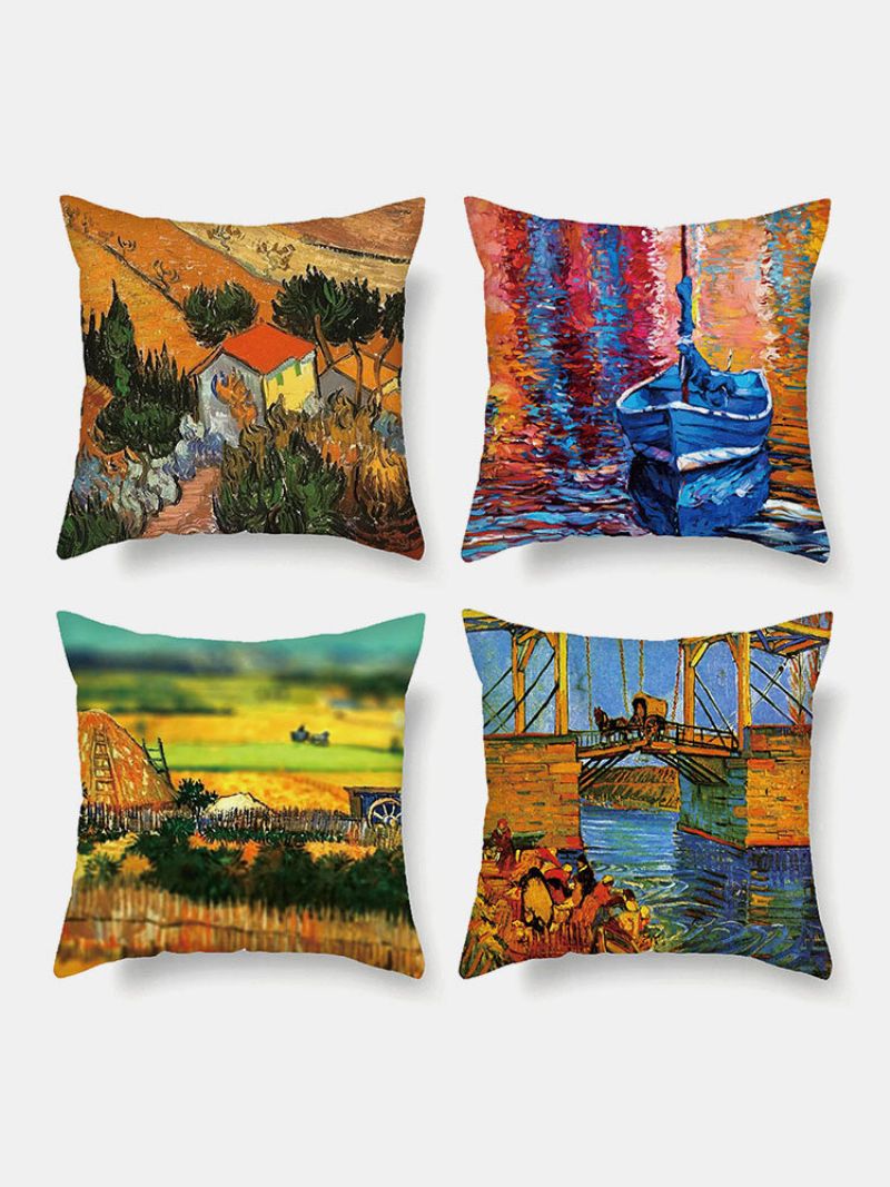 4 Stk Landskap Oljemaleri Fargerikt Landsby Farmhouse Print Putetrekk Lin Sofa Hjem Bil