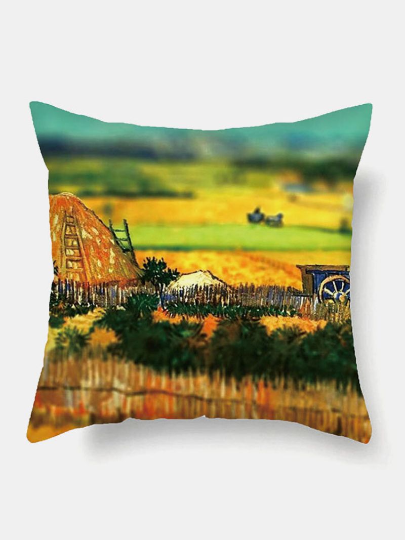 4 Stk Landskap Oljemaleri Fargerikt Landsby Farmhouse Print Putetrekk Lin Sofa Hjem Bil