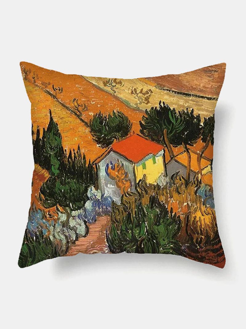 4 Stk Landskap Oljemaleri Fargerikt Landsby Farmhouse Print Putetrekk Lin Sofa Hjem Bil