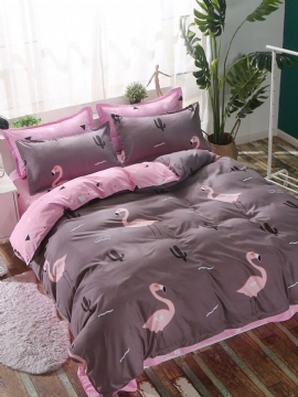 4 Stk Pink Flamingo Sengetøy Dynetrekk Putetrekk Komfortabelt Sengetøysett I Polyester 3 Str.