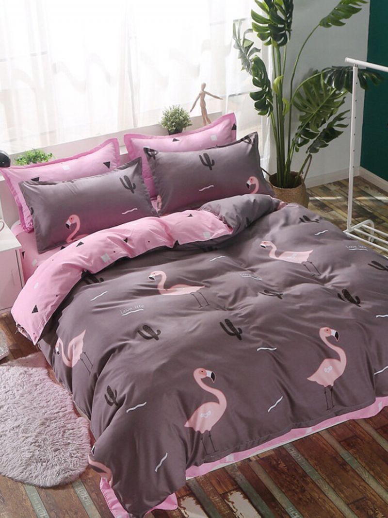 4 Stk Pink Flamingo Sengetøy Dynetrekk Putetrekk Komfortabelt Sengetøysett I Polyester 3 Str.