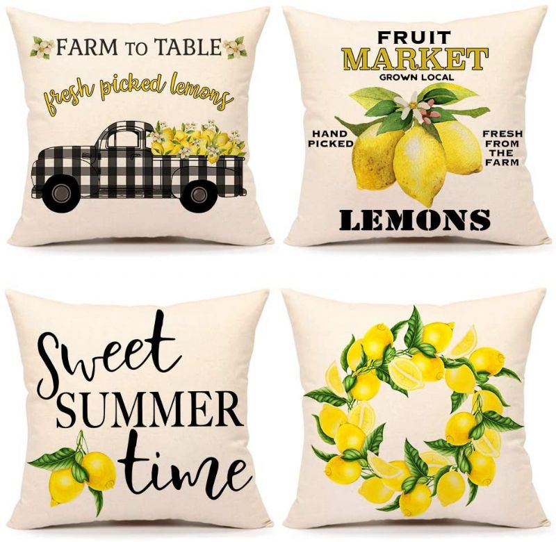 4 Stk Summer Sitron Farmhouse Sitat Putetrekk Buffalo Truck For Sofa 18 X 18 Tommer Bomull Lin