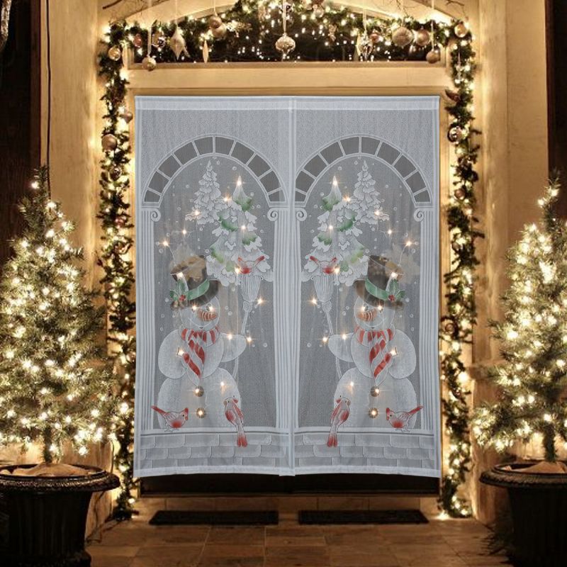 40x84 Tommer Christmas Snowman Hvit Blondevindusgardin Med Led-streng