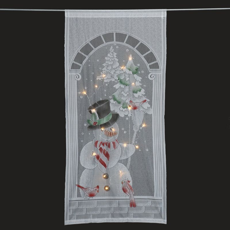 40x84 Tommer Christmas Snowman Hvit Blondevindusgardin Med Led-streng