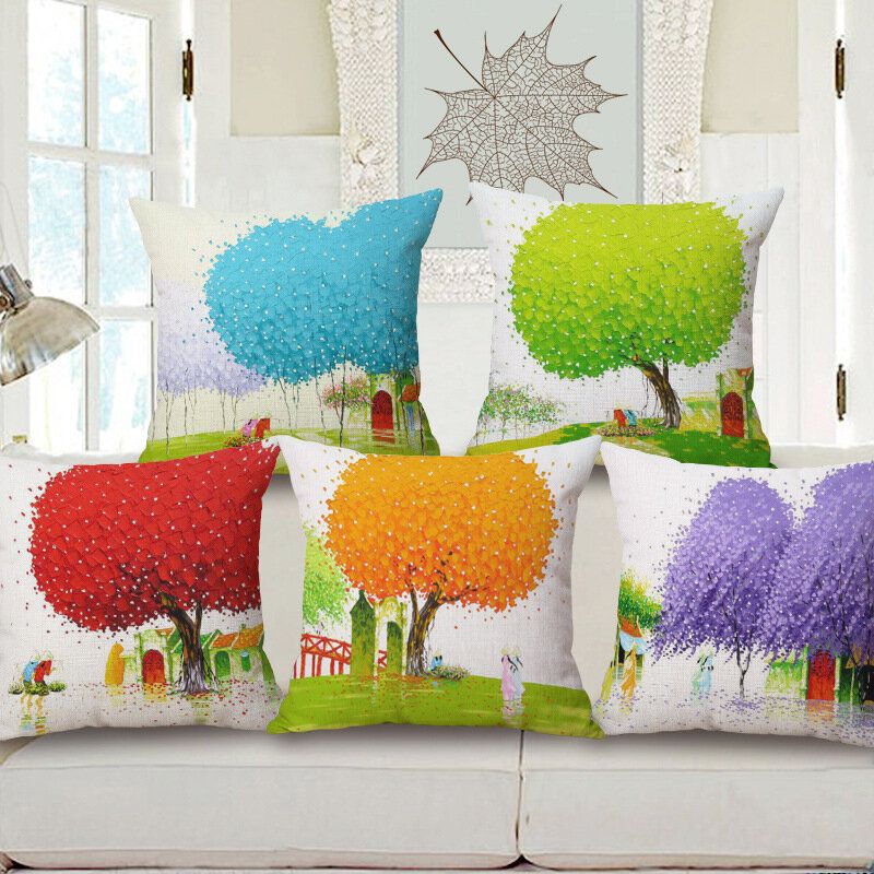 45x45cm Creative Tree Oljemaling Dekorativt Putetrekk Home Decor For Sofa Car