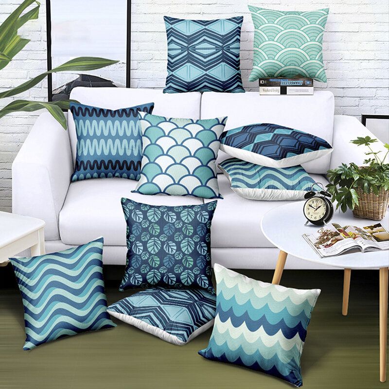 Blue Geometric Strips Plaids Putetrekk Nordic Line Waves Sofa