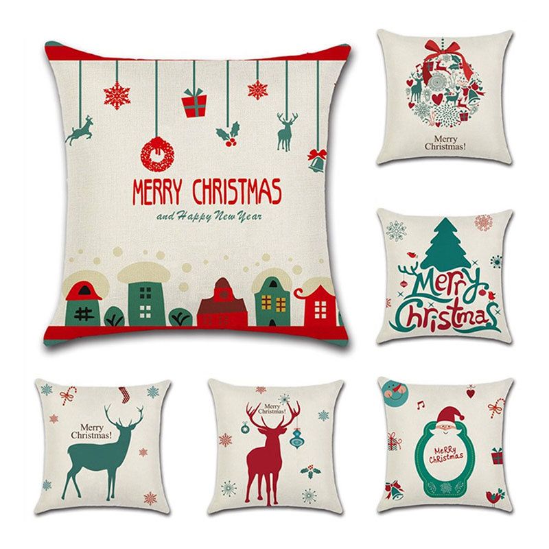 Cartoon Christmas Santa Elg Lin Bomullsputetrekk Hjemmesofa Jul Art Decor Putetrekk