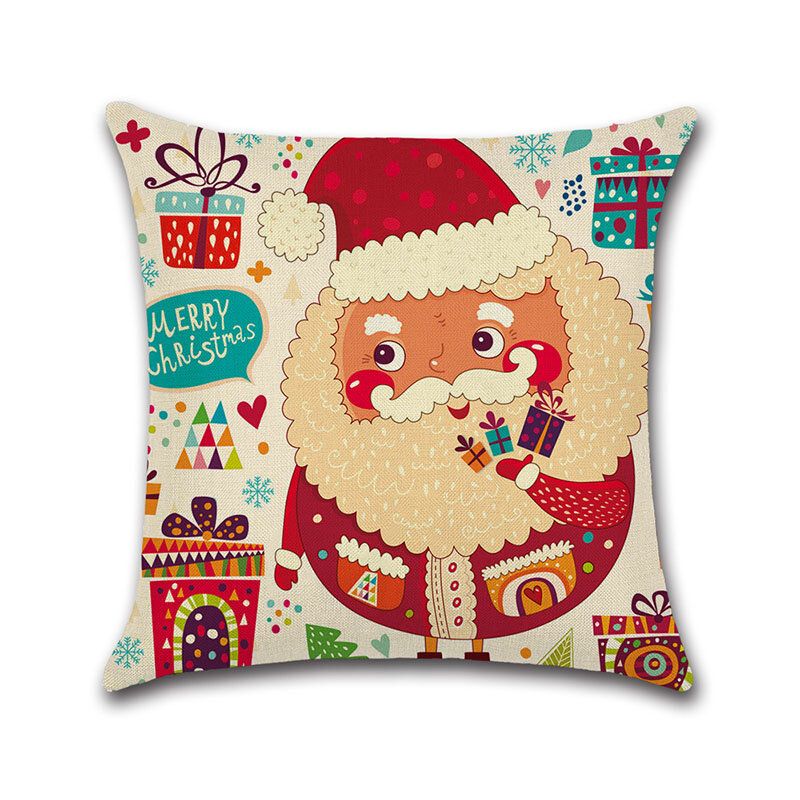 Cartoon Christmas Santa Mønster Lin Bomull Putetrekk Hjem Sofa Jul Art Decor Putevar