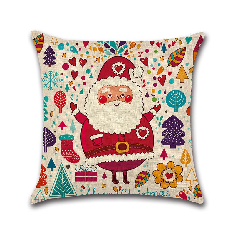 Cartoon Christmas Santa Mønster Lin Bomull Putetrekk Hjem Sofa Jul Art Decor Putevar