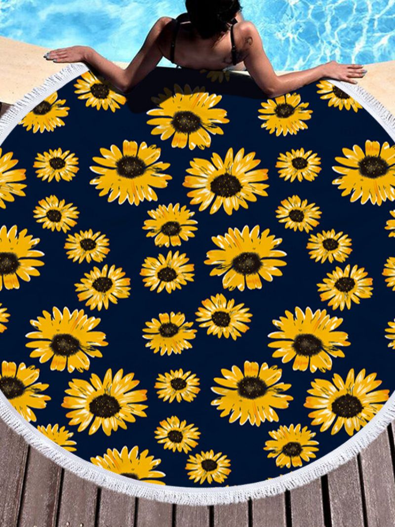 Daisy Sunflower Rundt Strandhåndkleteppe Hawaii Hawaiian Tropical Large Microfiber Terry Beach Runddy Palm Circle Piknikteppe Yogamatte Med Frynser