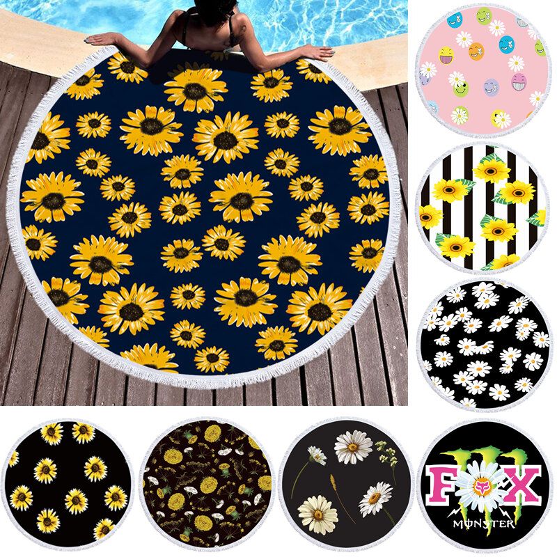 Daisy Sunflower Rundt Strandhåndkleteppe Hawaii Hawaiian Tropical Large Microfiber Terry Beach Runddy Palm Circle Piknikteppe Yogamatte Med Frynser