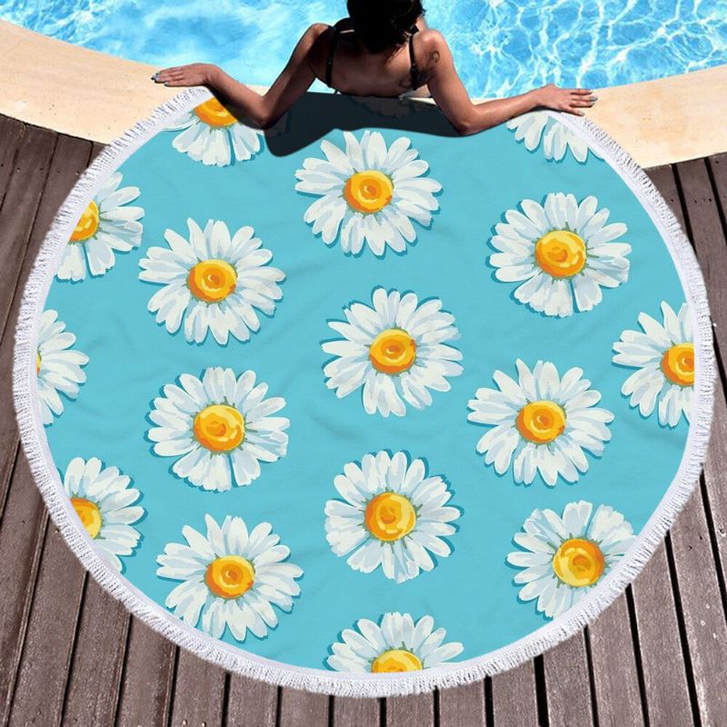 Daisy Sunflower Rundt Strandhåndkleteppe Hawaii Hawaiian Tropical Large Microfiber Terry Beach Runddy Palm Circle Piknikteppe Yogamatte Med Frynser