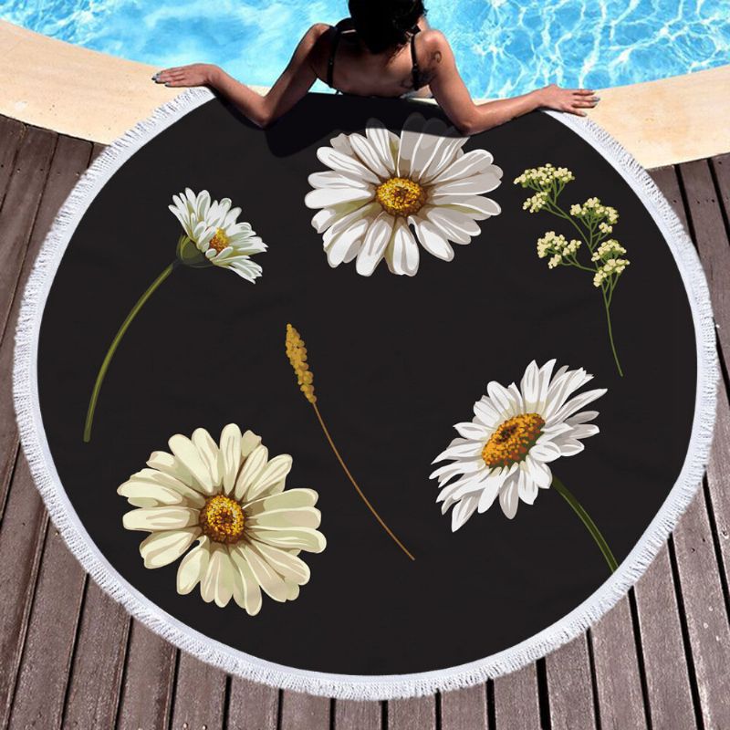 Daisy Sunflower Rundt Strandhåndkleteppe Hawaii Hawaiian Tropical Large Microfiber Terry Beach Runddy Palm Circle Piknikteppe Yogamatte Med Frynser