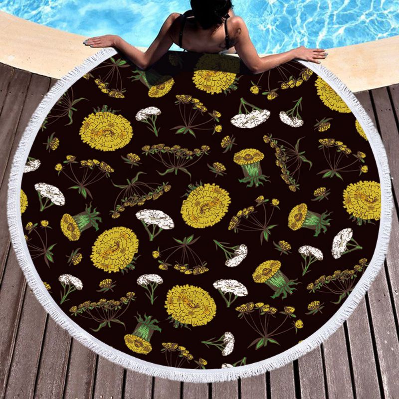 Daisy Sunflower Rundt Strandhåndkleteppe Hawaii Hawaiian Tropical Large Microfiber Terry Beach Runddy Palm Circle Piknikteppe Yogamatte Med Frynser