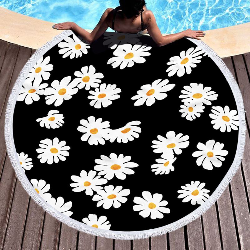 Daisy Sunflower Rundt Strandhåndkleteppe Hawaii Hawaiian Tropical Large Microfiber Terry Beach Runddy Palm Circle Piknikteppe Yogamatte Med Frynser