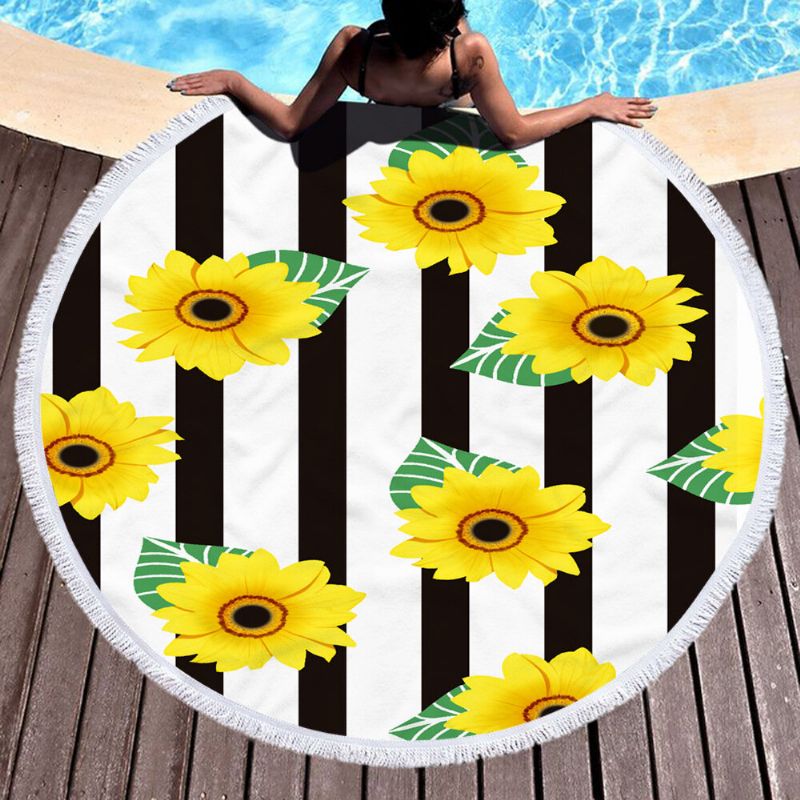 Daisy Sunflower Rundt Strandhåndkleteppe Hawaii Hawaiian Tropical Large Microfiber Terry Beach Runddy Palm Circle Piknikteppe Yogamatte Med Frynser