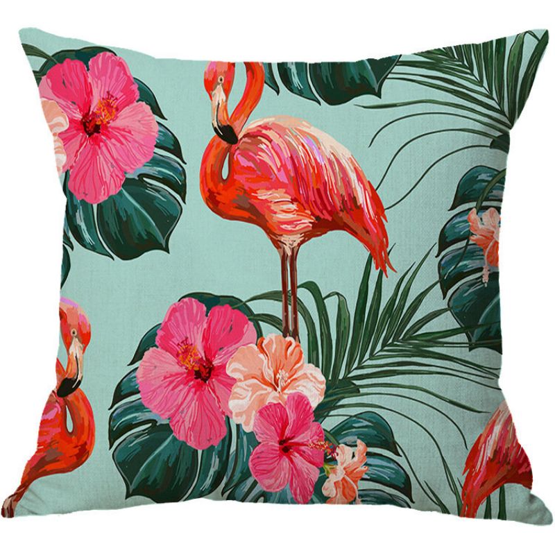 Flamingo Lin Putetrekk Mønster Akvarell Grønne Tropiske Blader Monstera Leaf Palm Aloha