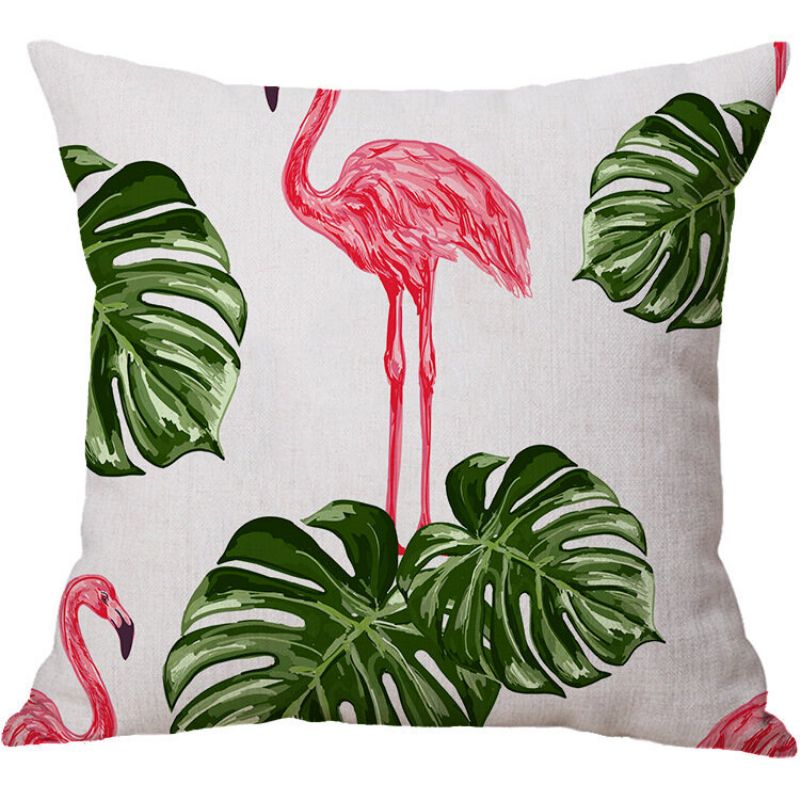 Flamingo Lin Putetrekk Mønster Akvarell Grønne Tropiske Blader Monstera Leaf Palm Aloha