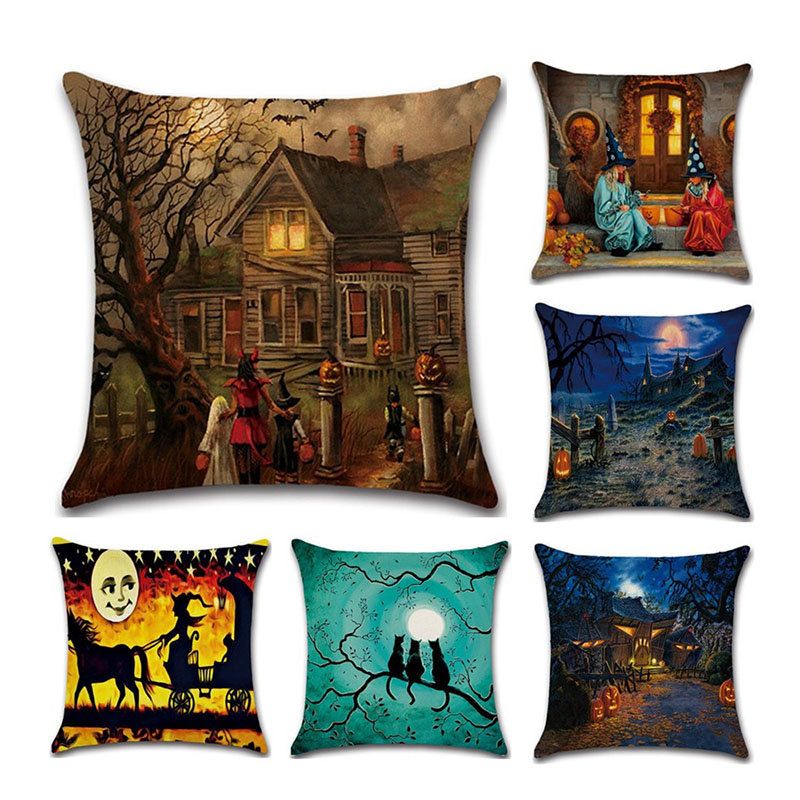 Halloween Witches Pumpkin Pattern Lin Putetrekk Hjemmesofa Art Decor