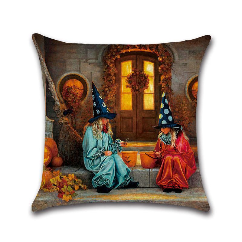 Halloween Witches Pumpkin Pattern Lin Putetrekk Hjemmesofa Art Decor