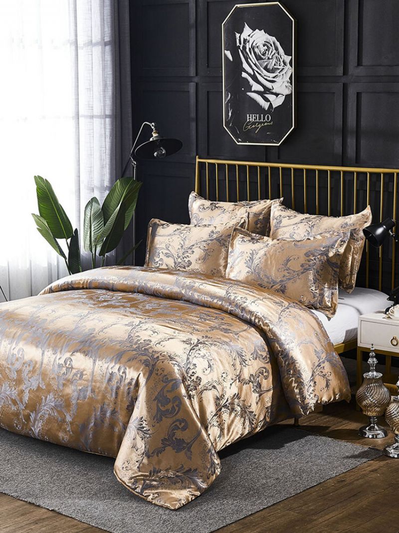 Luksus Silkelignende Dynesett Queen Satin Jacquard Paisley Brushed Heart Quiltede Sengesett Med Putevar