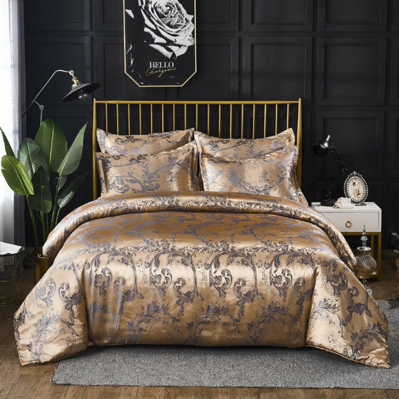 Luksus Silkelignende Dynesett Queen Satin Jacquard Paisley Brushed Heart Quiltede Sengesett Med Putevar