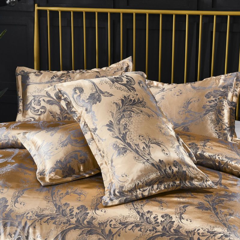 Luksus Silkelignende Dynesett Queen Satin Jacquard Paisley Brushed Heart Quiltede Sengesett Med Putevar