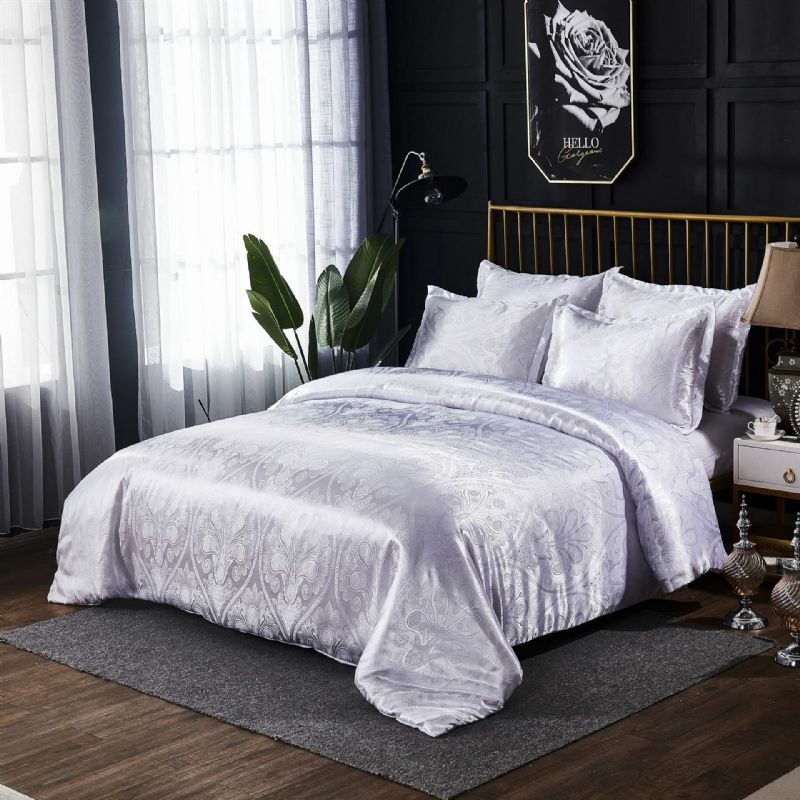 Luksus Silkelignende Dynesett Queen Satin Jacquard Paisley Brushed Heart Quiltede Sengesett Med Putevar