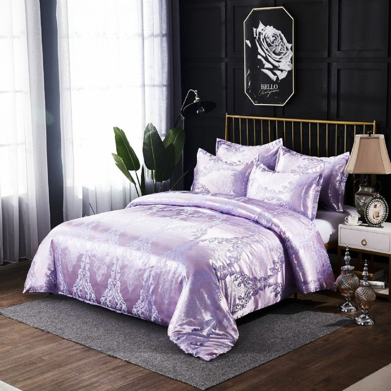 Luksus Silkelignende Dynesett Queen Satin Jacquard Paisley Brushed Heart Quiltede Sengesett Med Putevar