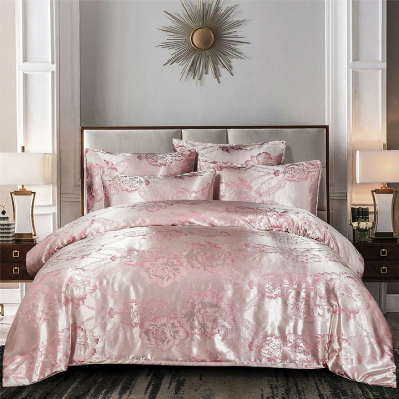 Luksus Silkelignende Dynesett Queen Satin Jacquard Paisley Brushed Heart Quiltede Sengesett Med Putevar