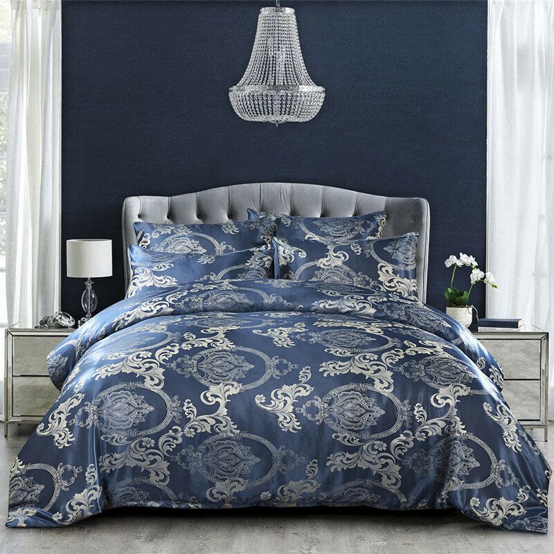 Luksus Silkelignende Dynesett Queen Satin Jacquard Paisley Brushed Heart Quiltede Sengesett Med Putevar