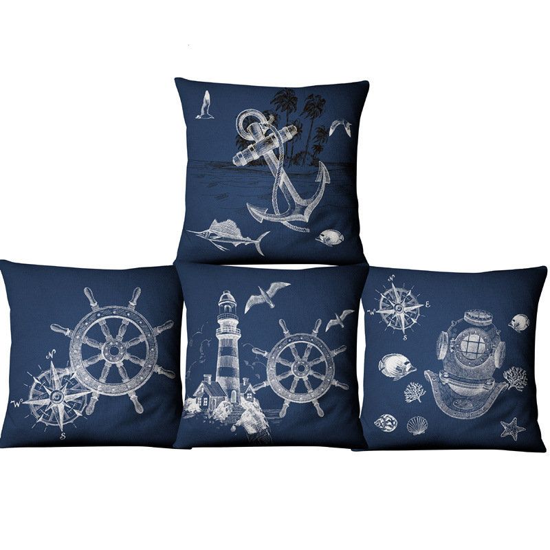 Navy Ocean Style Bomull Lin Putetrekk Hjem Stoff Sofa Middelhavet