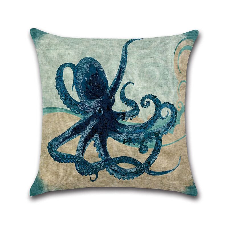 Ocean Octopus Sea House Krabbetrykt Bomull Lin Putetrekk Firkantet Sofa Bildekor