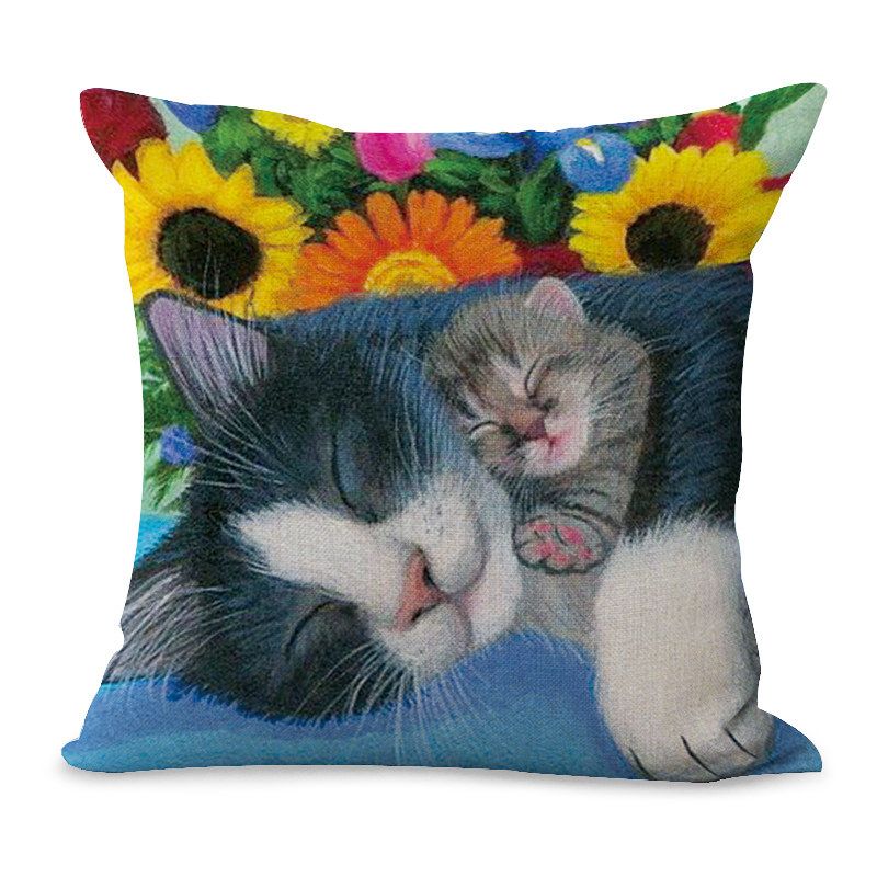 Oljeutskriftsstil Floral Baby Katt Lin Putetrekk Hjem Sofa Art Decor